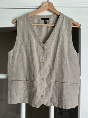 Eileen Fisher Beige Linen Button Front Vest